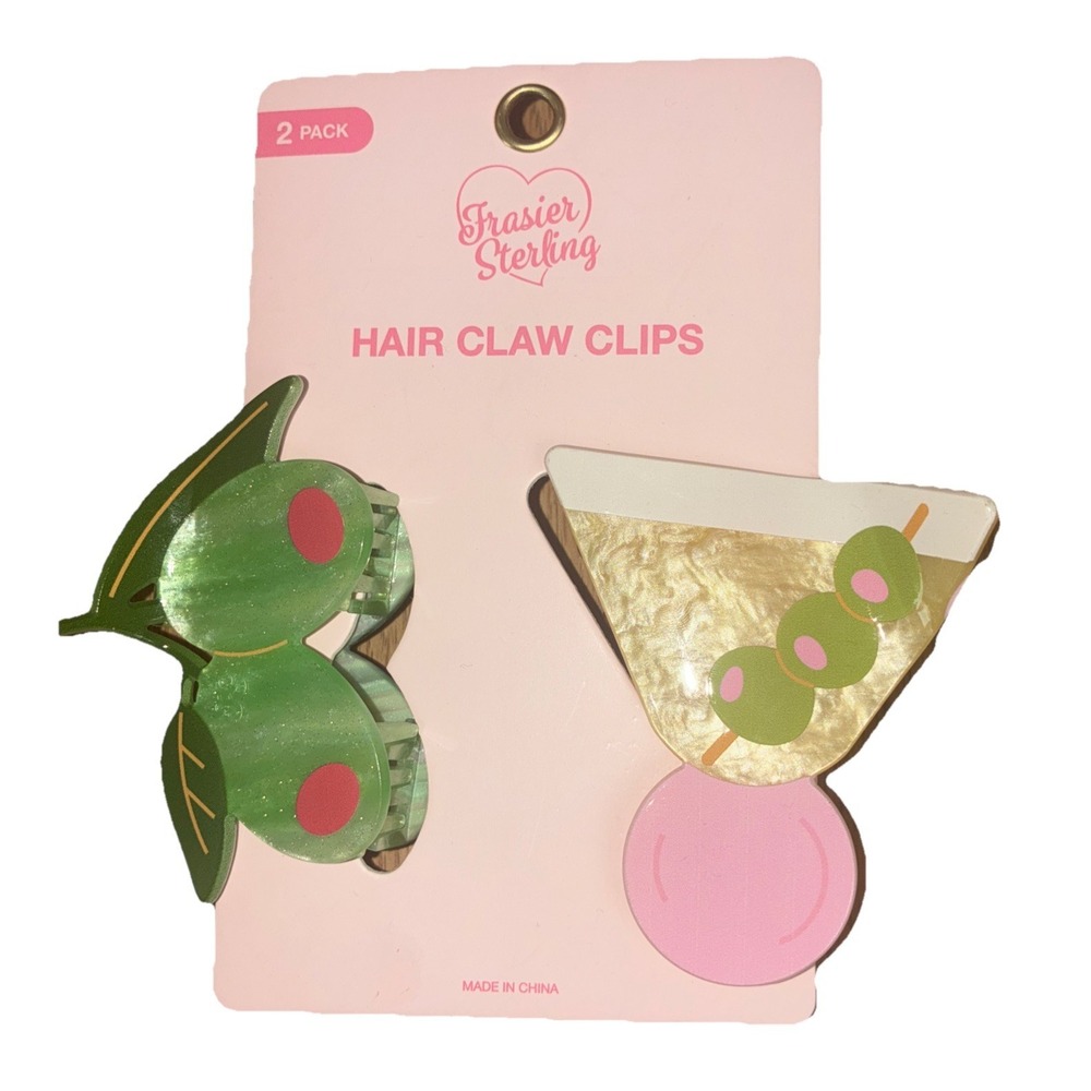 Frasier Sterling Hair Claw Clip Olives Martini Tini Time 3" Set Of 2 NEW *flaw